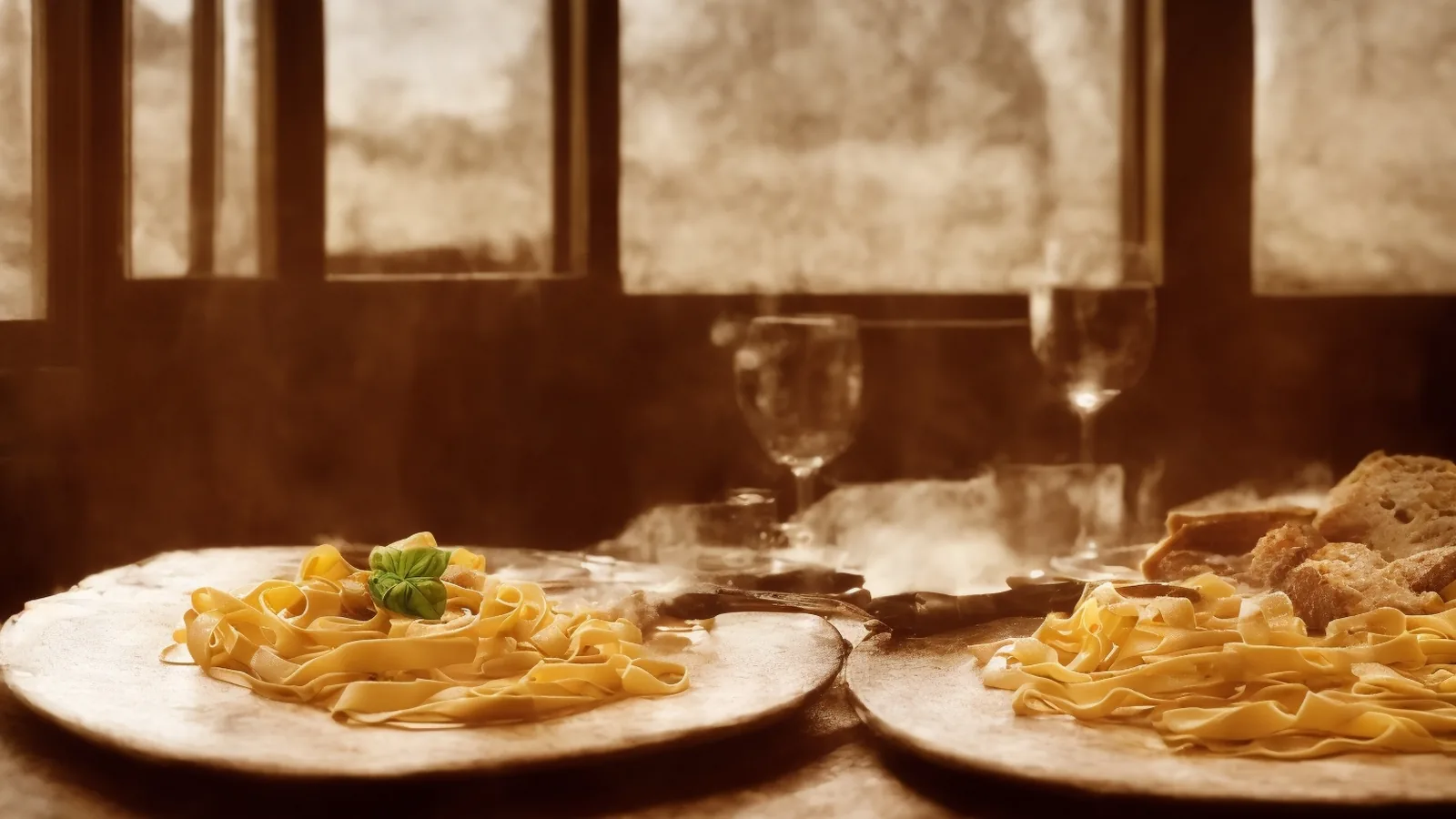 Mesa de la trattoria Italia Mia con pasta hecha a mano y vino